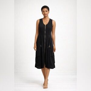 Bohème Black Lagenlook Linen Zip Front Dress Size 1 Sleeveless Boho Casual